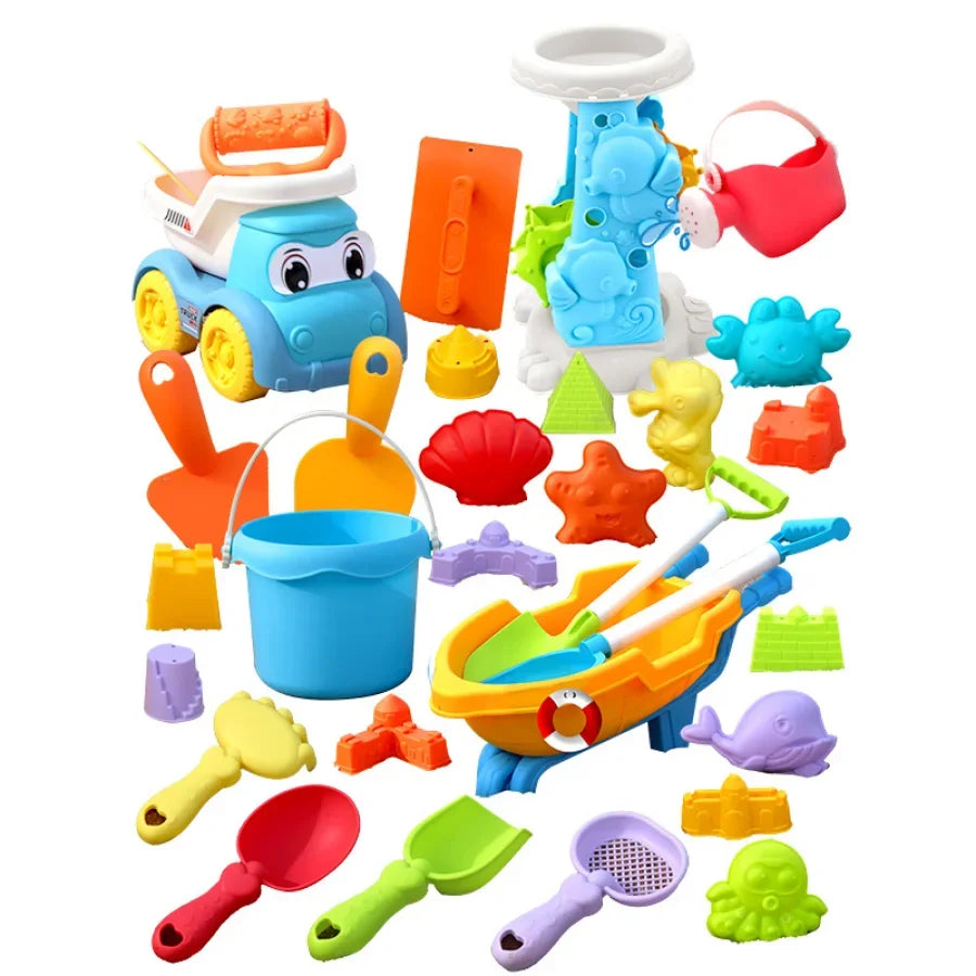 Children's Beach Toy Set ATV Sand Digging and Water Play Tools Beach Bucket Hourglass Shovel Random Colors