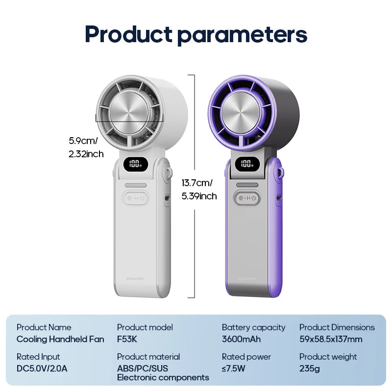Kinscoter Outdoor Foldable Portable Handheld Fan Mini Cooling Rechargeable 3600mAh High Speed Turbo Fan