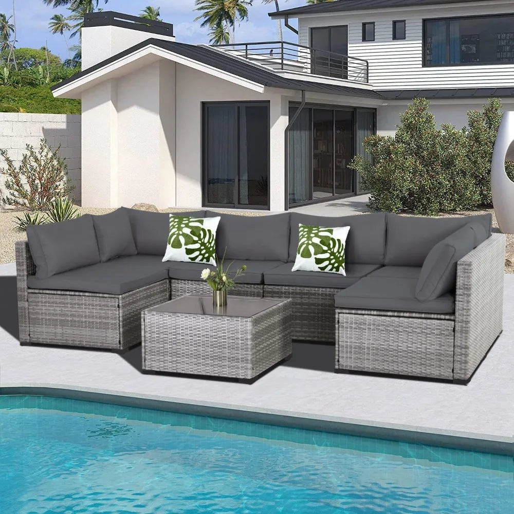 Patio Furniture Set Modular Wicker Outdoor Sectional Sofa Conversation Set Gray Rattan with Cushions