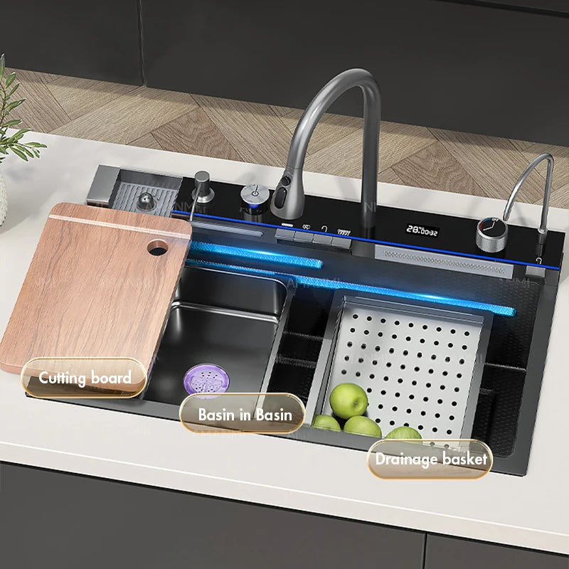 304 Stainless Steel Large Single Slot Waterfall Kitchen Sink with Integrated Digital Display Faucet Set and Soap Dispenser