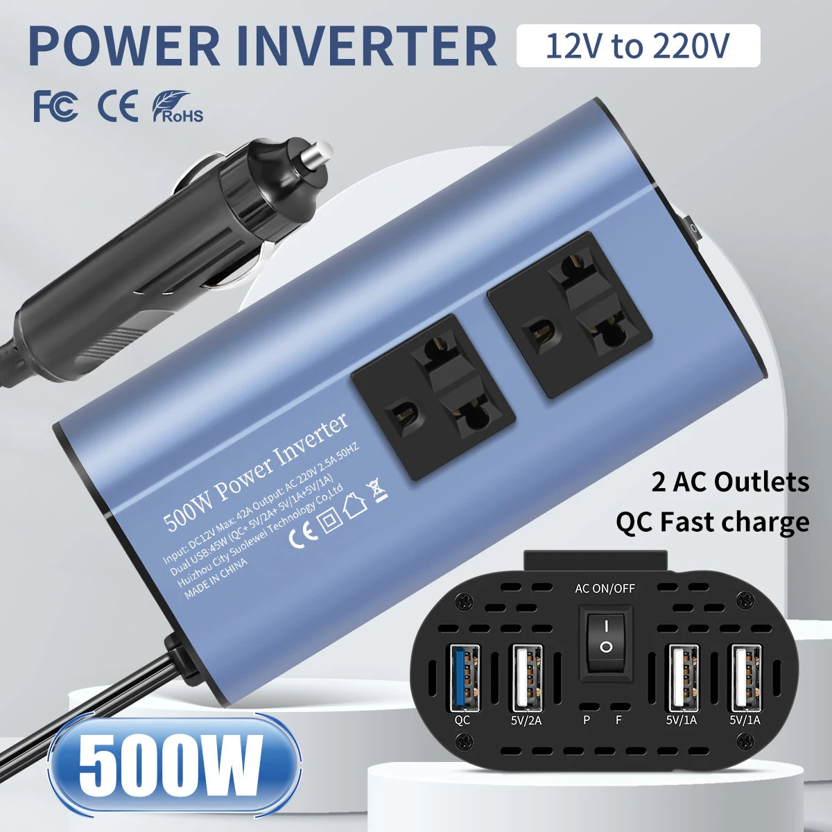 500W Modified Wave Inverter Portable Multi USB Interface DC 12V to AC 220V 50Hz