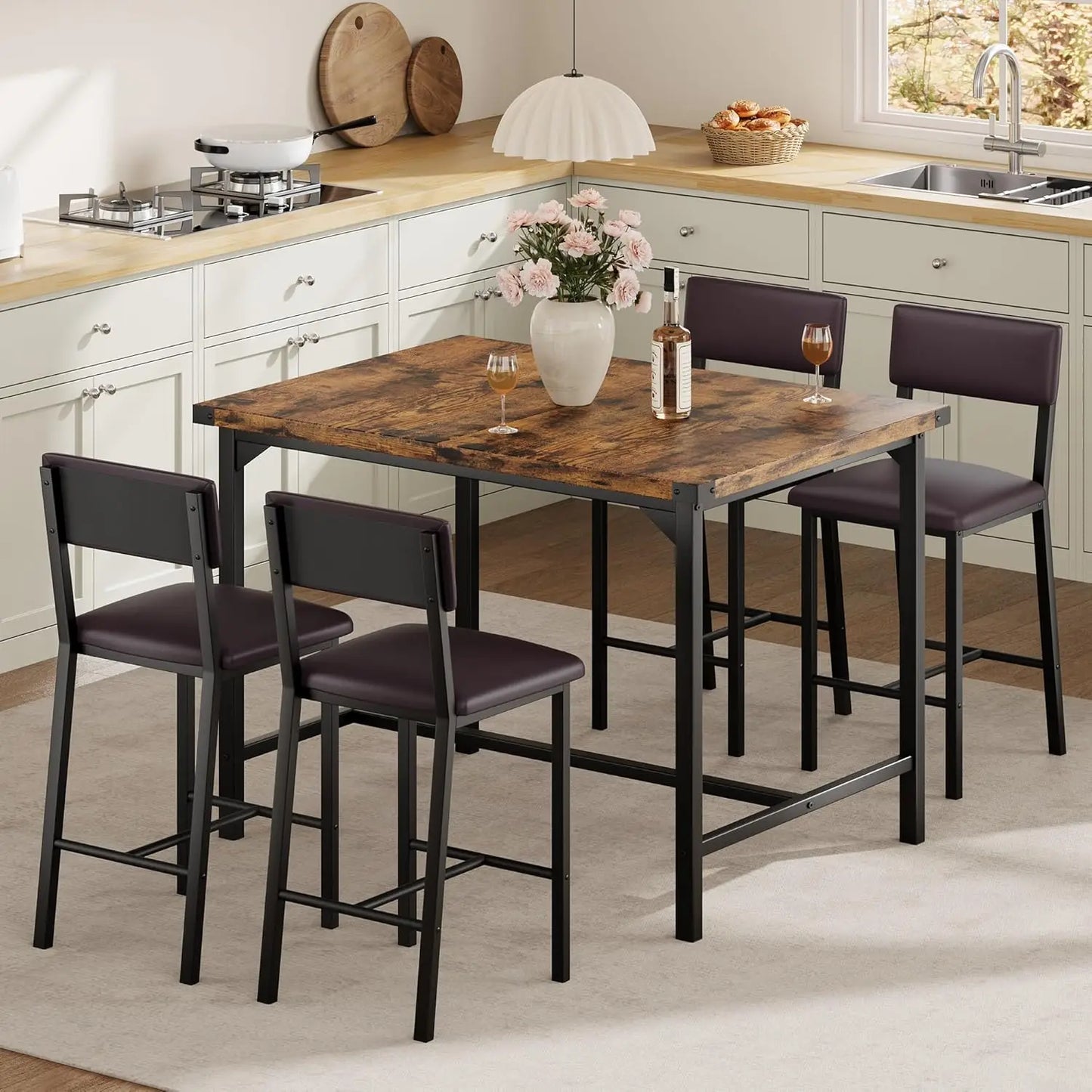5-Piece Dining Table Set , Bar Table Set with 4 Upholstered Chairs for Pub, Dining Room, Kitchen