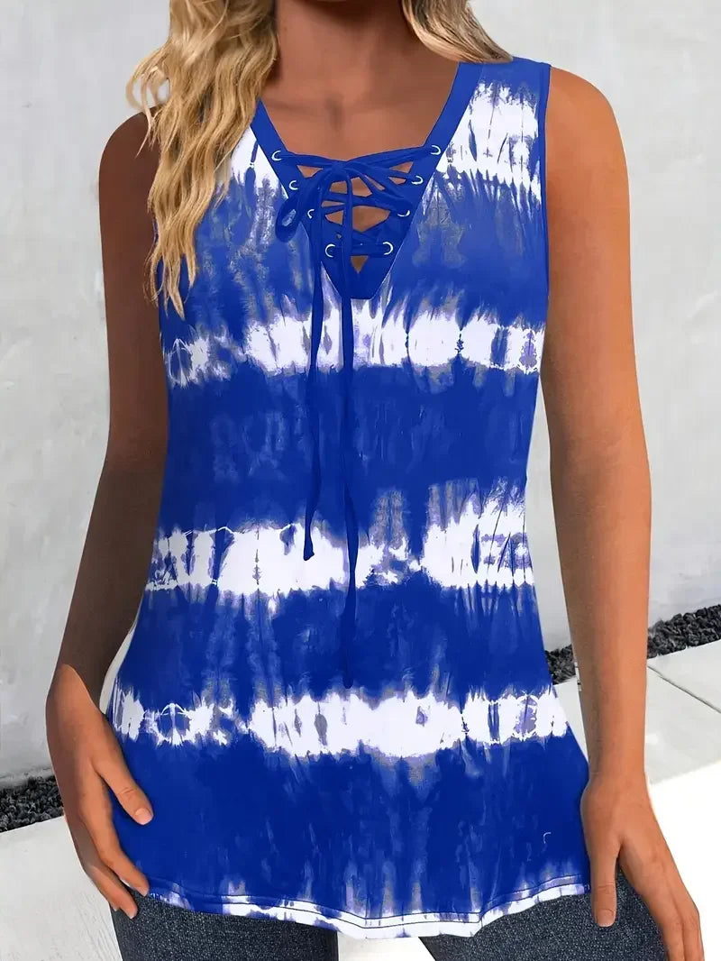 Plus Size Women Fashion Tie Dye Print Sleeveless Tank Tops Casual Round Neck Crisscross Detail Summer Wear 1XL to 5XL