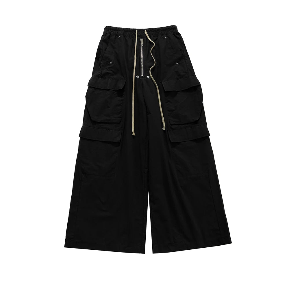 Ro Style Wide Leg Drawstring Black Cargo Pants Unisex Casual Streetwear