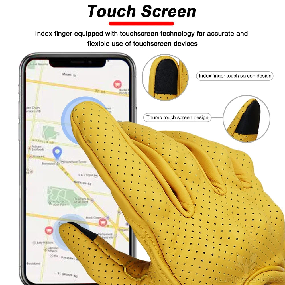 Vintage Goatskin Motorcycle Gloves Men Summer Yellow Retro Leather Guantes M-XXL