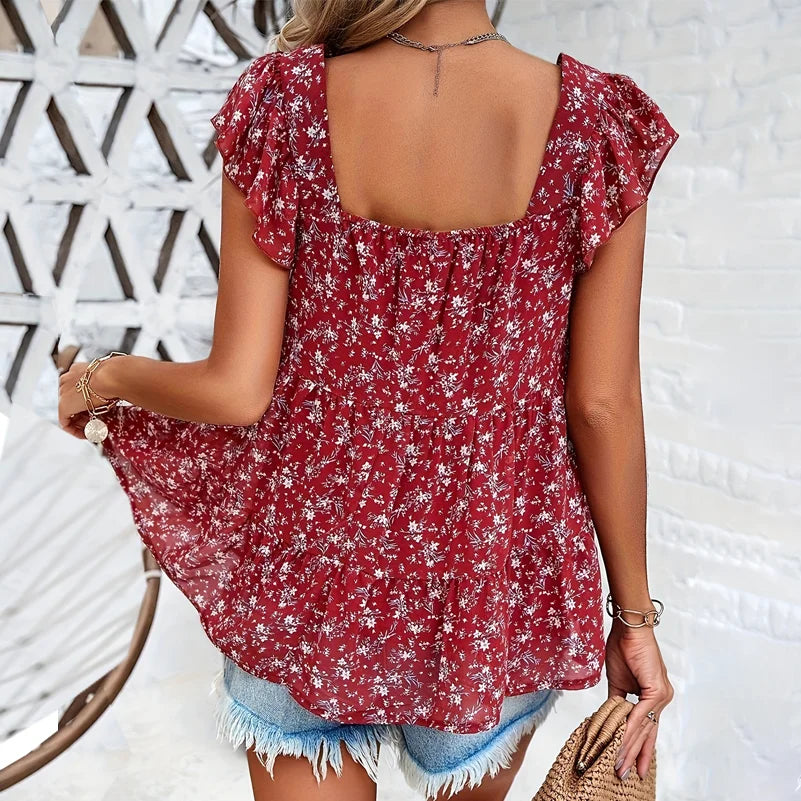 Plus Size Women's Floral Print Square Collar Layered Shirts Loose Fit Work and Vacation Clothing