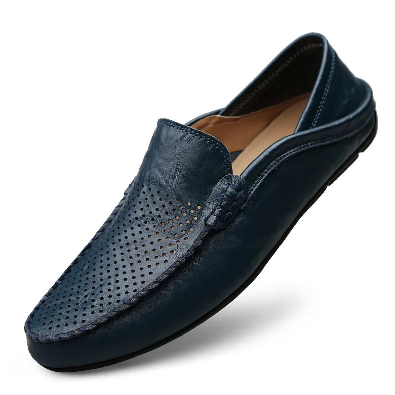Summer Men Casual Shoes Leather Moccasins Breathable Slip On Boat Shoes Italian Luxury Brand Mens Driving Loafers Size 37 to 47