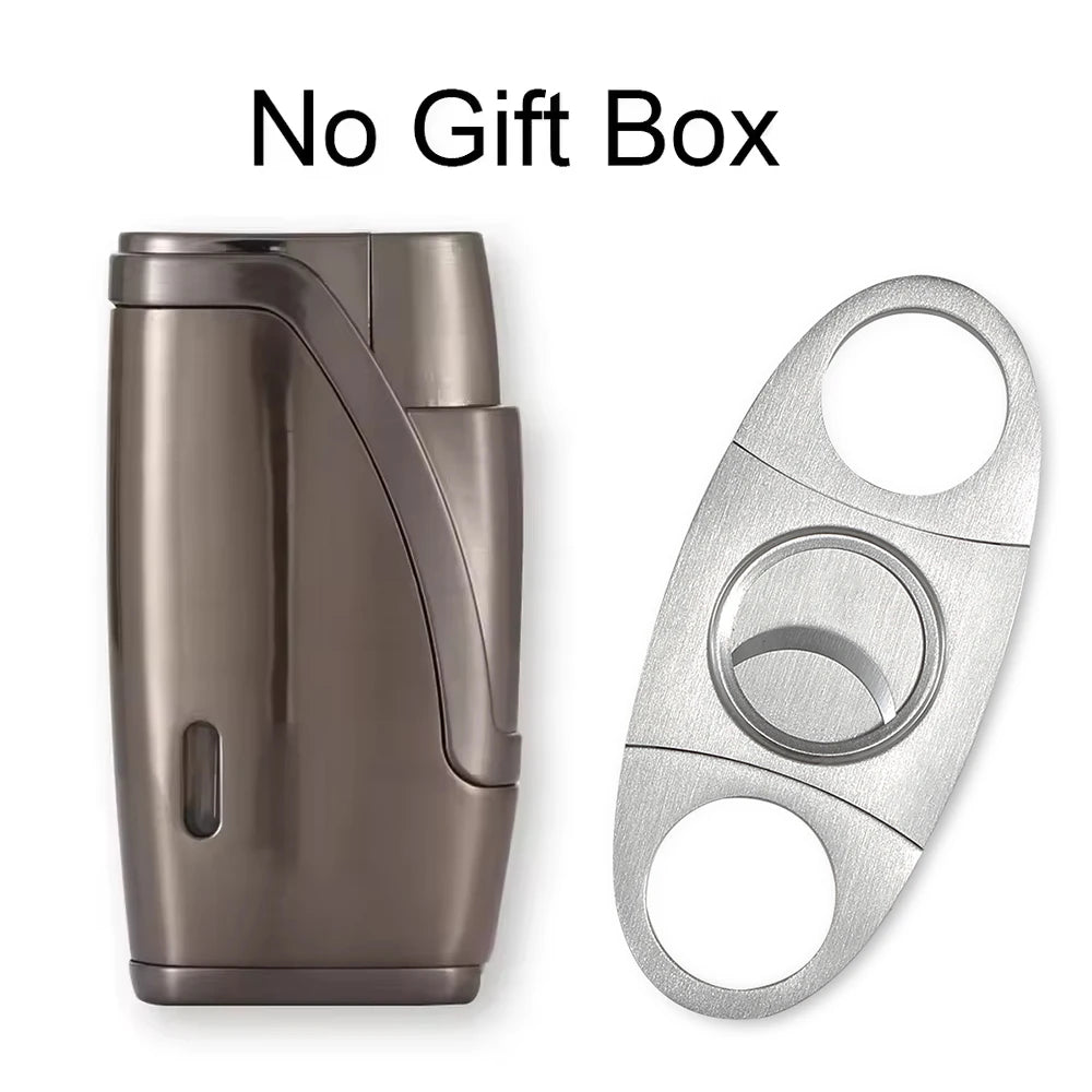 Metal Cigar Lighter 2 Jet Torch Lighter Butane Gas Lighters Windproof Cigarette Lighters W/ Cigar Cutter