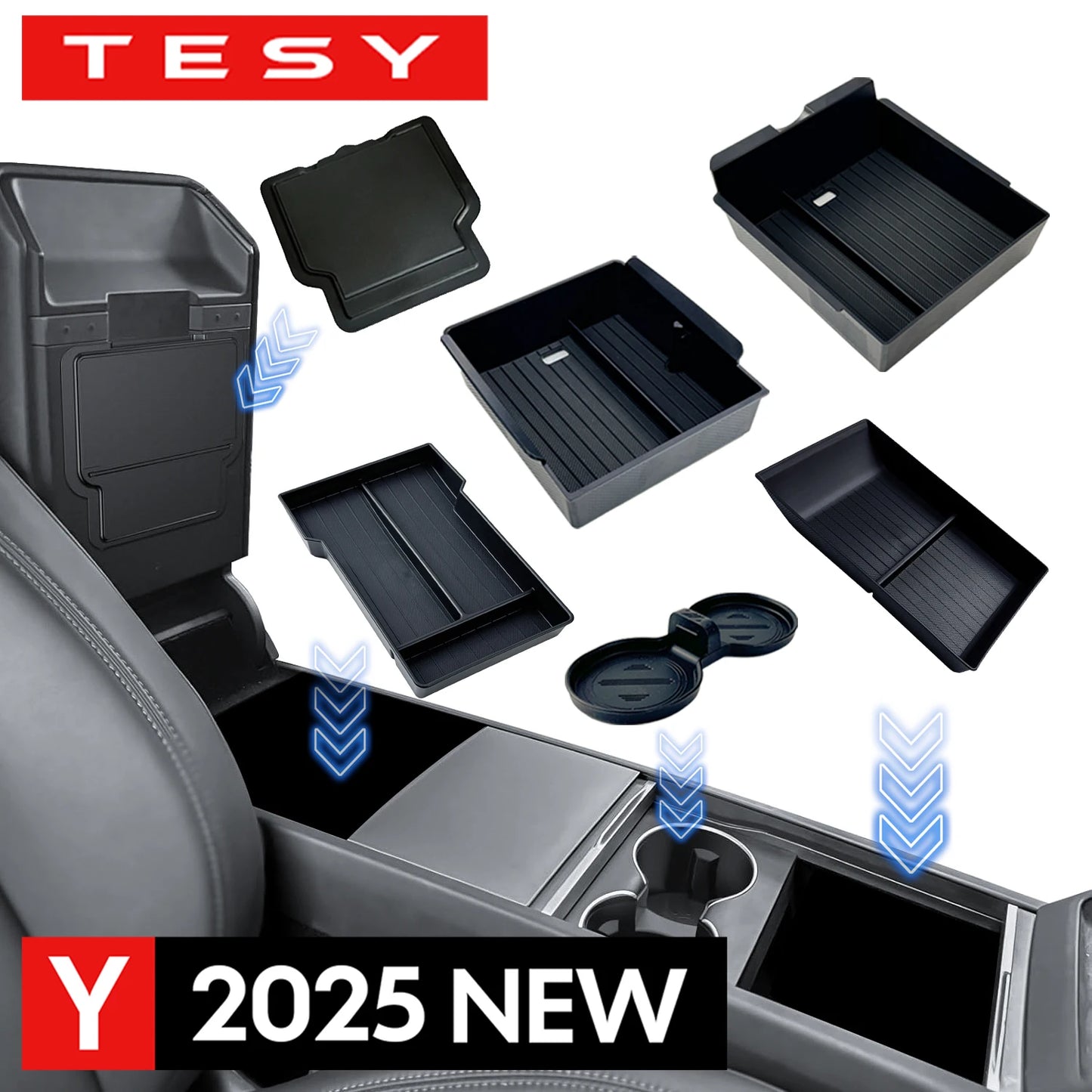 Console And Armrest Storage Box For Tesla New Model Y 2025 Juniper ABS With Silicone Non Slip Mat And Water Cup Holder