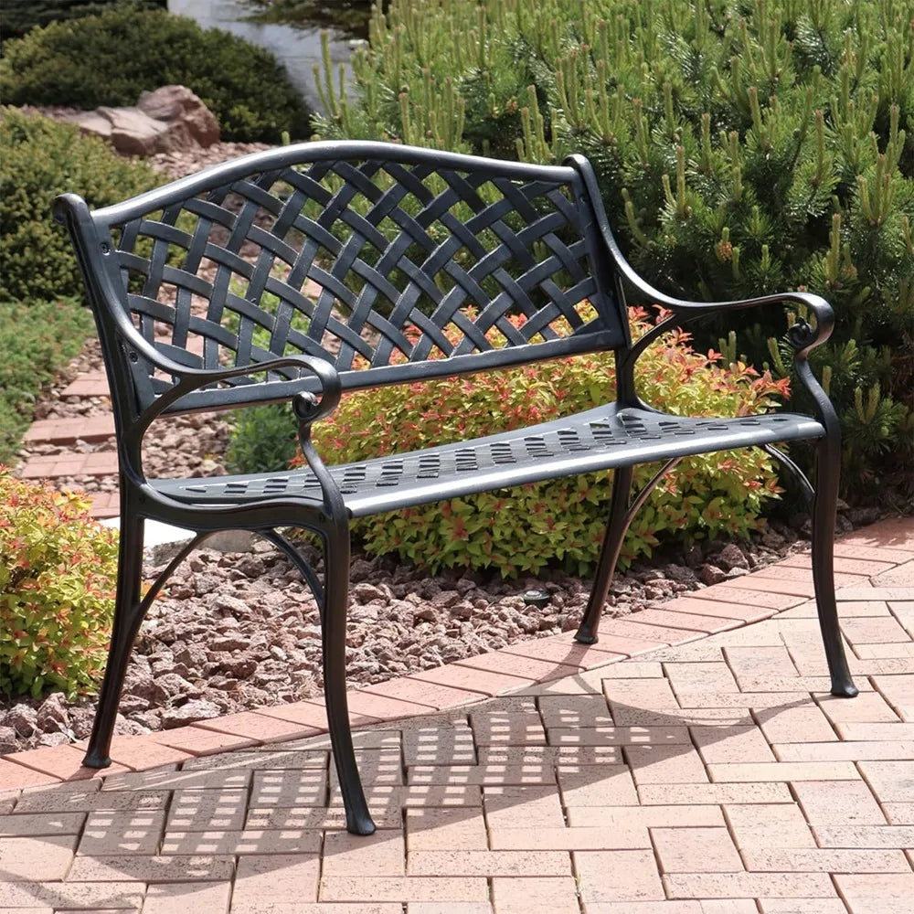 2 Person Cast Aluminum Garden Bench with Checkered Design 615 Pound Weight Capacity 39 Inch Wide Black
