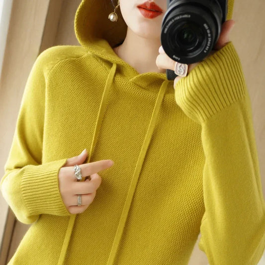Hooded Sweater Woman Autumn Winter Long Sleeve Warm Bottoming Shirt Solid Casual Pullovers Knit Tops Korean Fashion Jumper 2025