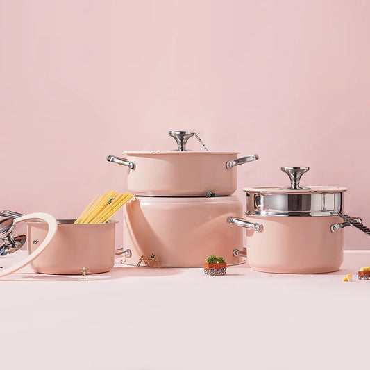 Stainless Steel 9pcs Pot Set, Including 1 Milk Pot, 2 Stockpots, 1 Non-Stick Pan, 4 LIDS And 1 Steamer Pink Shipping From USA