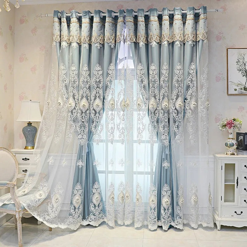 1PC Curtains,Luxury vintage-style embroidered curtains with 3D relief patterns, dual-layer design for privacy and light control