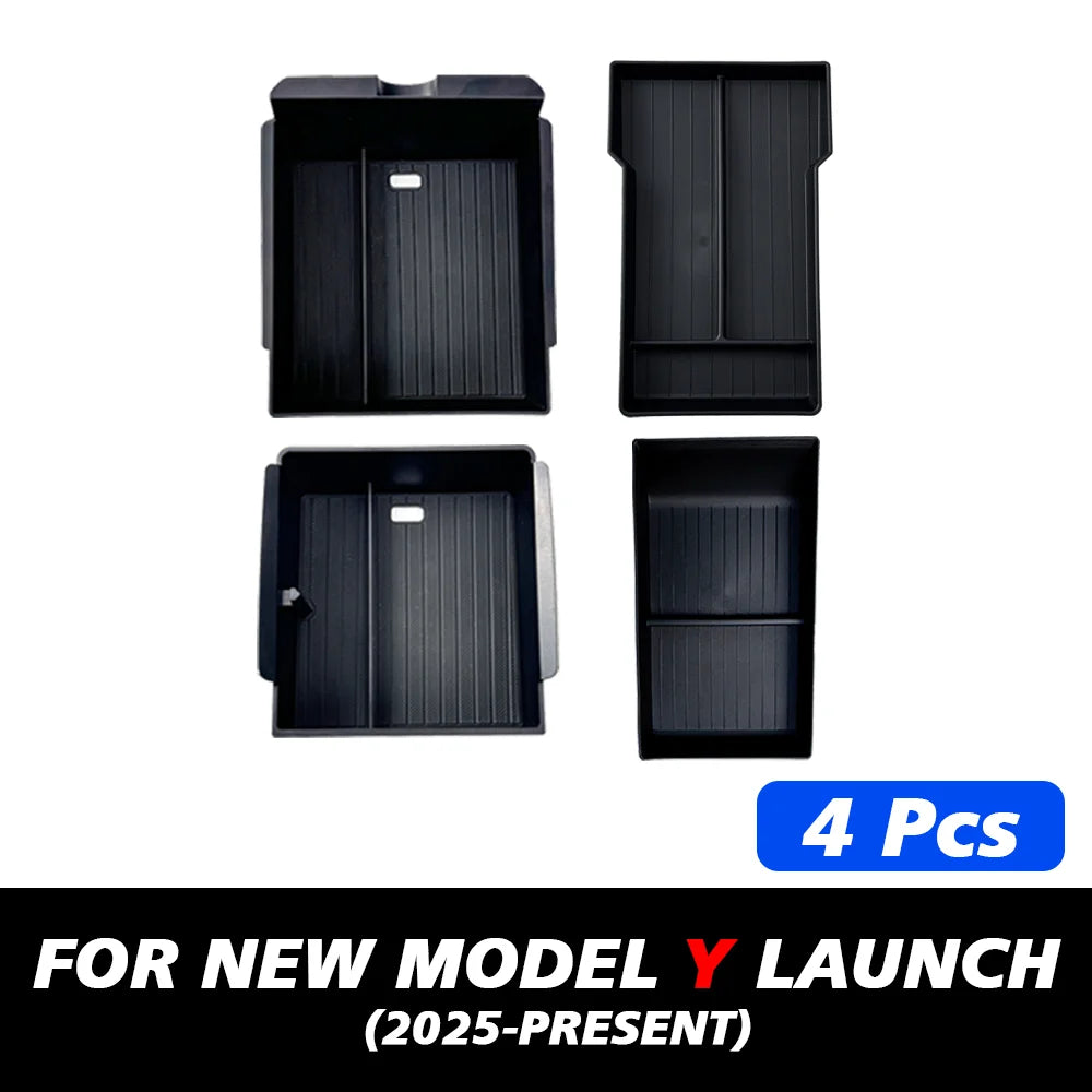Console And Armrest Storage Box For Tesla New Model Y 2025 Juniper ABS With Silicone Non Slip Mat And Water Cup Holder