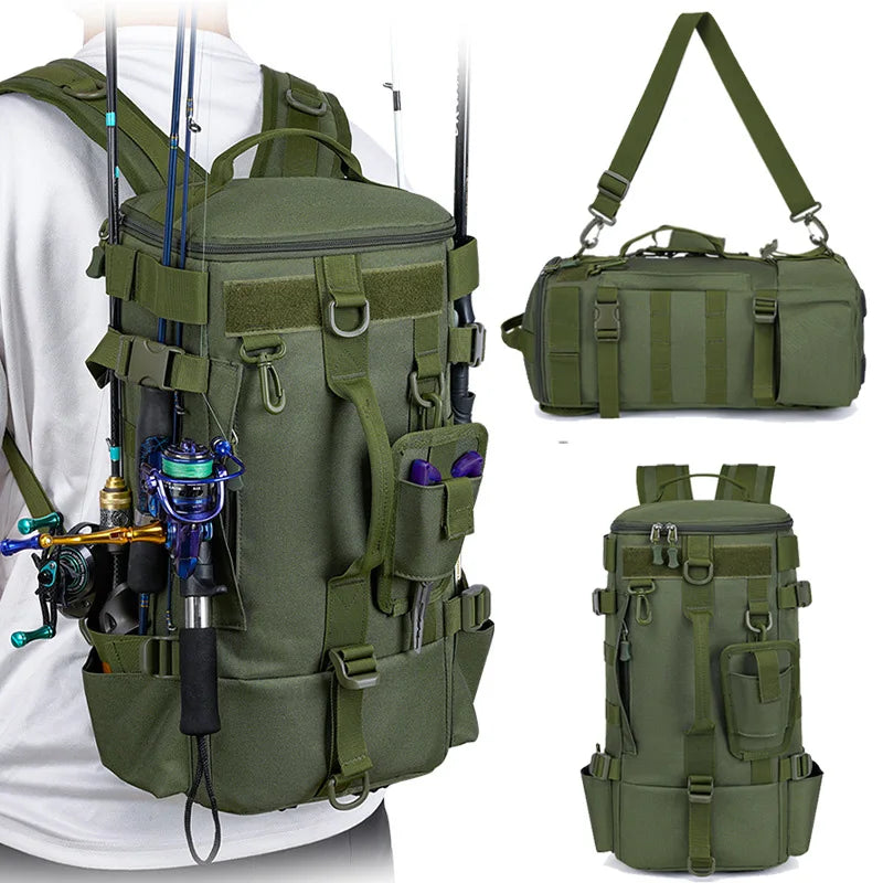 Tactical Fishing Backpack Tackle Bag with Rod Holders Multifunctional Storage for Camping Hiking and Outdoor Activities