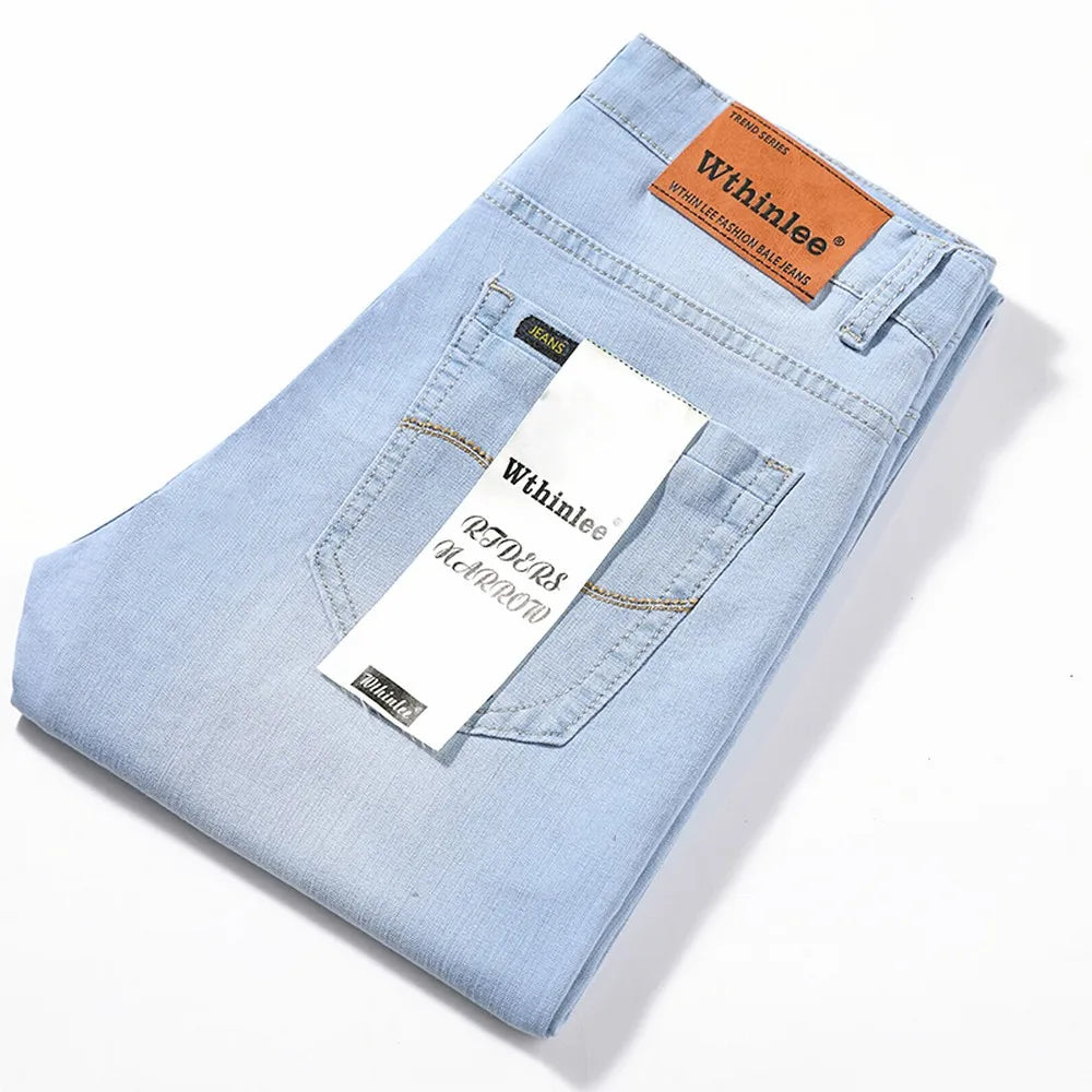 Wthinlee Spring Summer Business Jeans for Men Light Blue Casual Straight Stretch Fashion Classic Work Denim Trousers