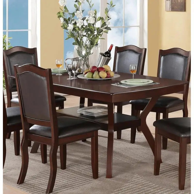 7pc Formal Dining Set with Solid Wood Table, Shelve & 6 Chairs in Espresso Finish