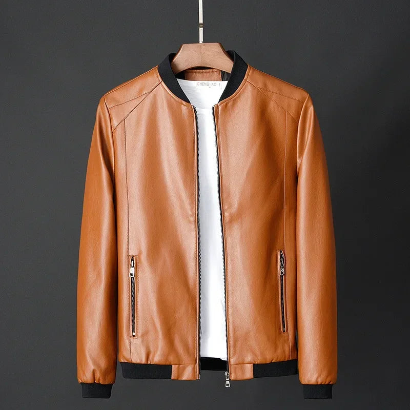 2024 Autumn New Men Black Biker PU Leather Coat Korean Fashion Casual Fit Slim Jacket 8XL