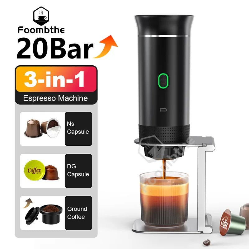 Wireless Electric Portable Espresso Coffee Machine for Car and Home Camping 3-in-1 Capsule Powder Travel Coffee Maker