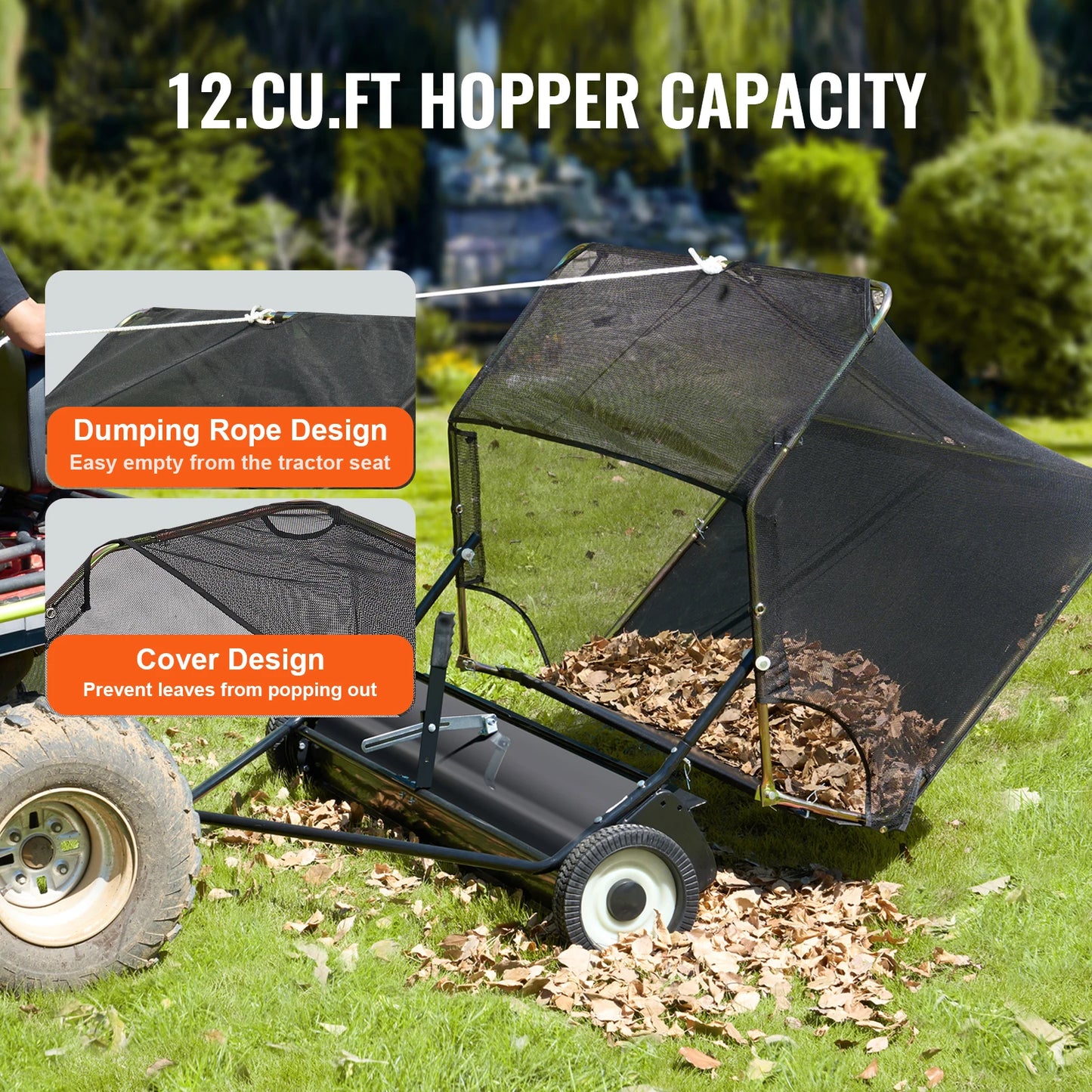 SucceBuy 42-inch Lawn Sweeper Tow Behind 12 cu.ft.Heavy Duty Leaf Grass Collector Adjustable Height for Picking Up Debris Grass