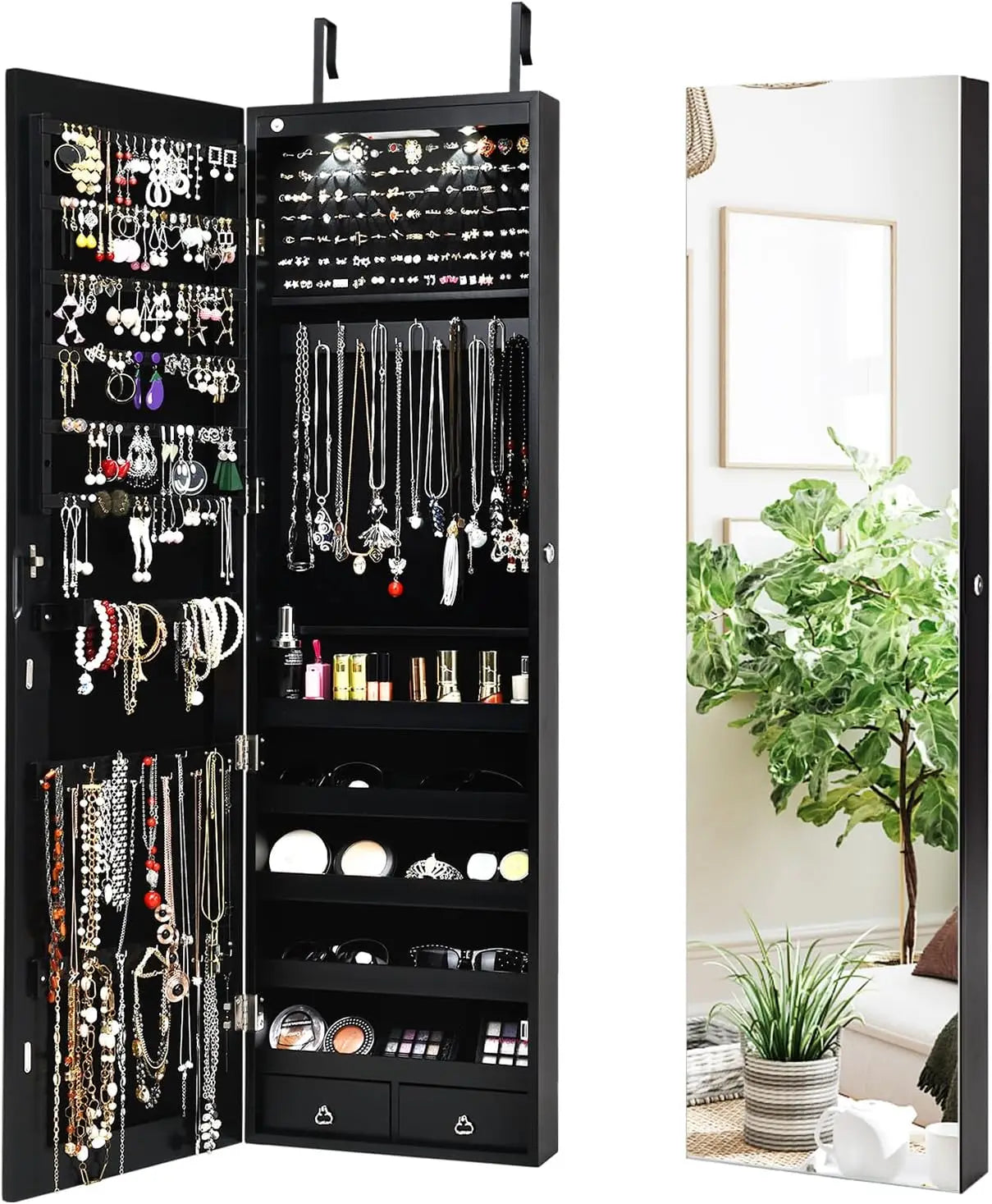 2 LEDs Full Length Mirror Jewelry Armoire with Storage and Mounting Options 47.5 Inch Jewelry Cabinet