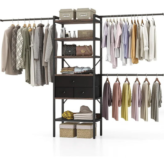 Adjustable Closet System with Drawers Three Hanging Rods and Five Shelves Heavy Duty Storage Organizer for Home Bedroom and Closet