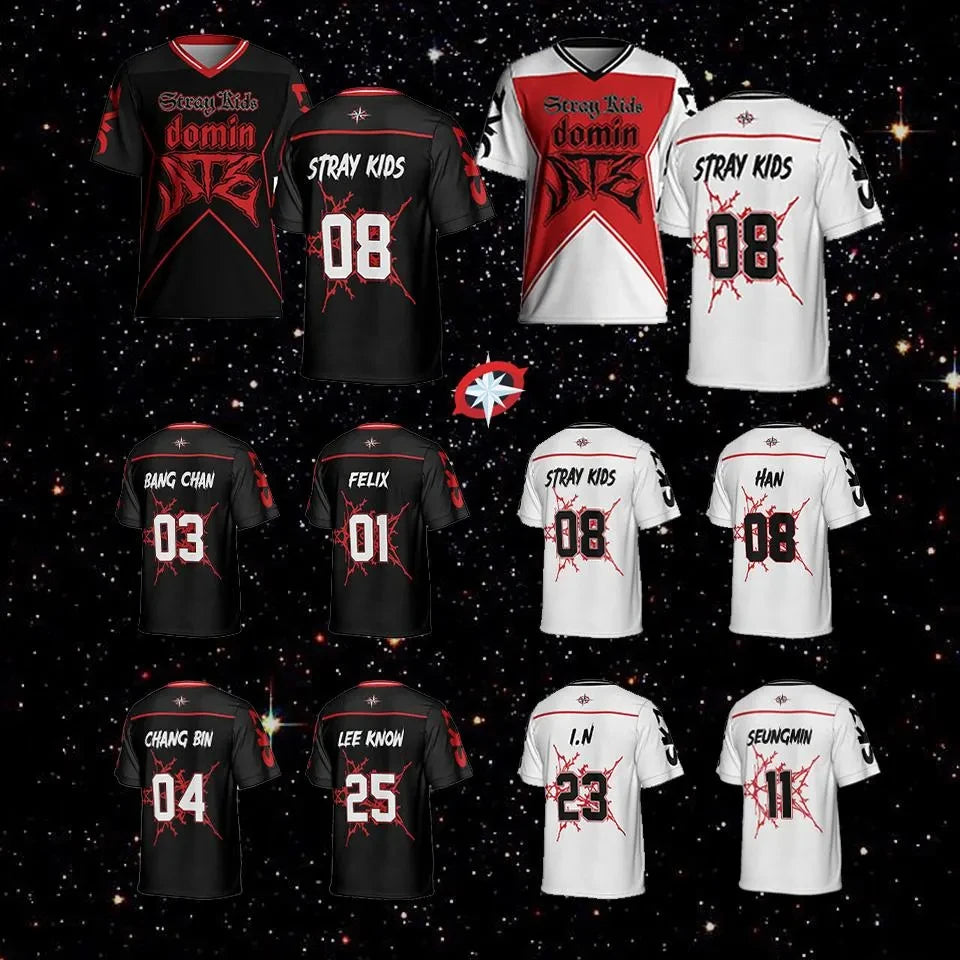 2025 Men and Women Fashion V Neck Short Sleeved T Shirt Stray Kids Sports Shirt Y2K Street Hip Hop Casual Versatile Jersey