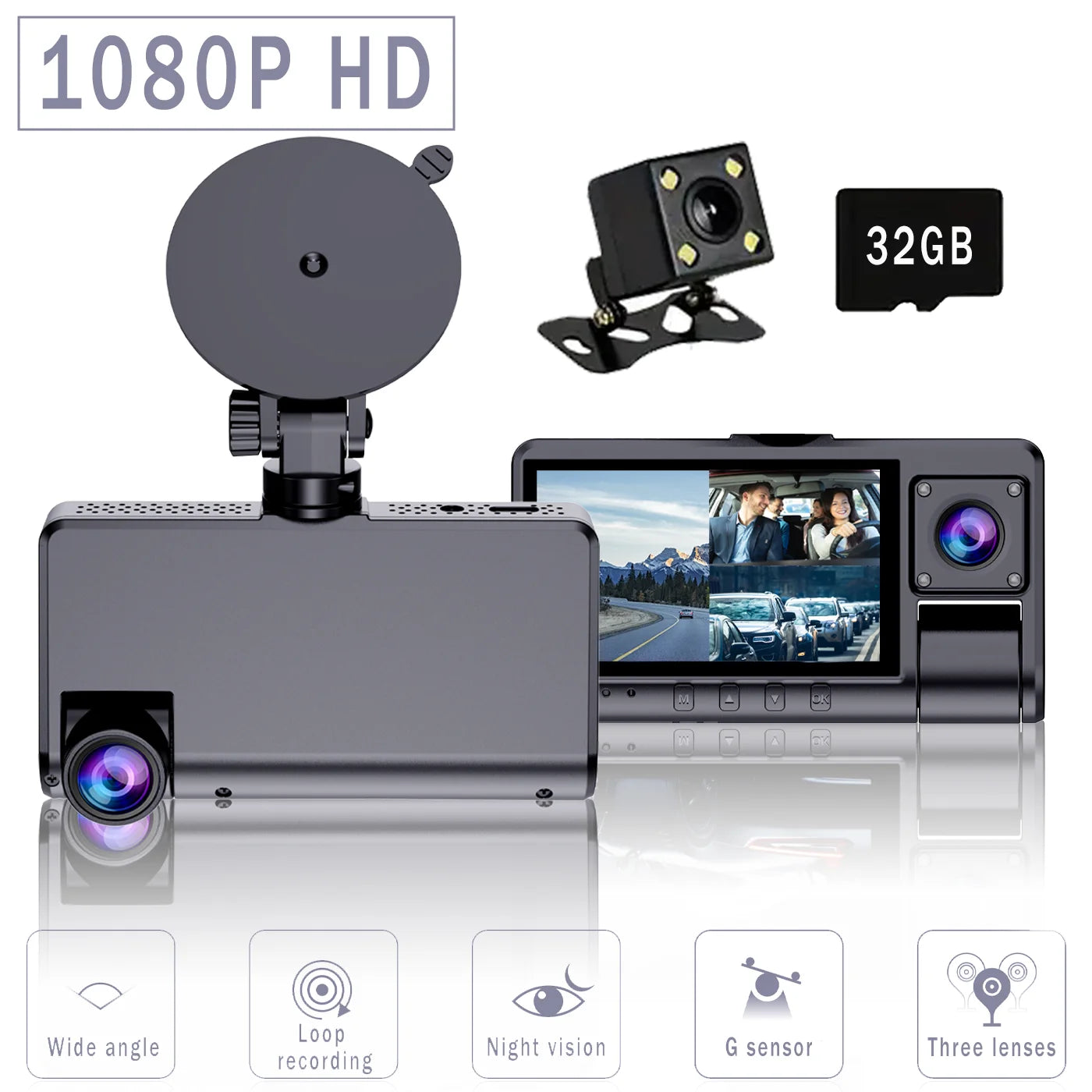 3 Channel Full HD Car Dash Cam with Night Vision Loop Recording and Motion Detection
