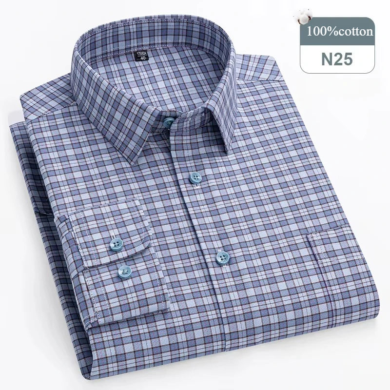 plus size 14xl 100%cotton long-sleeve shirts for men slim fit formal plain shirt soft plaid striped tops office elegants clothes