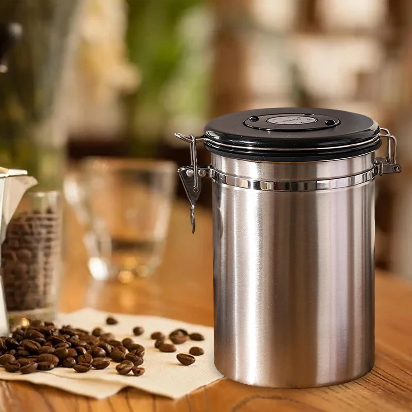 Coffee Bean Container and Spoon Airtight Stainless Steel Storage Jar