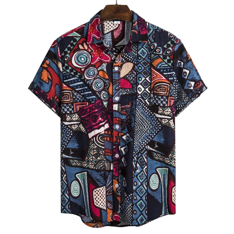 Men's Cotton Polyester Summer Short Sleeve Shirt Boho Geometric Pattern Hawaiian Beach Male Shirts Casual Blouse For Men
