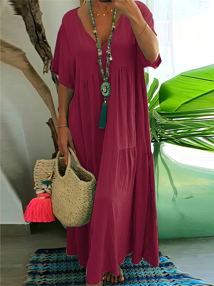 Plus Size Women's Casual Loose Ankle Length Dress V Neck Polyester