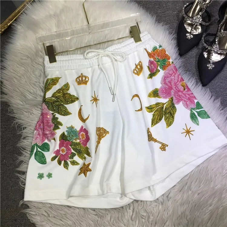 Oversized Rhinestone Diamond High Waisted Black Adjustable Waist Wide Leg Slacks Women's Shorts