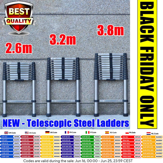 Extendable Telescopic Ladder 2.6M to 5M Heavy Duty Multi Purpose Folding Stainless Steel Portable Loft Ladder Tool
