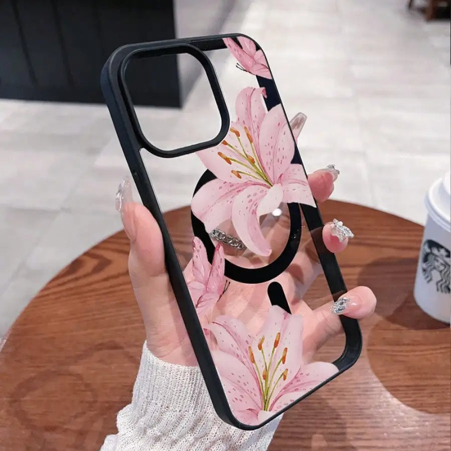 Pink Lily Magnetic Phone Case For iPhone 17 16 15 14 13 12 11Pro Max Plus It features a stylish pattern design