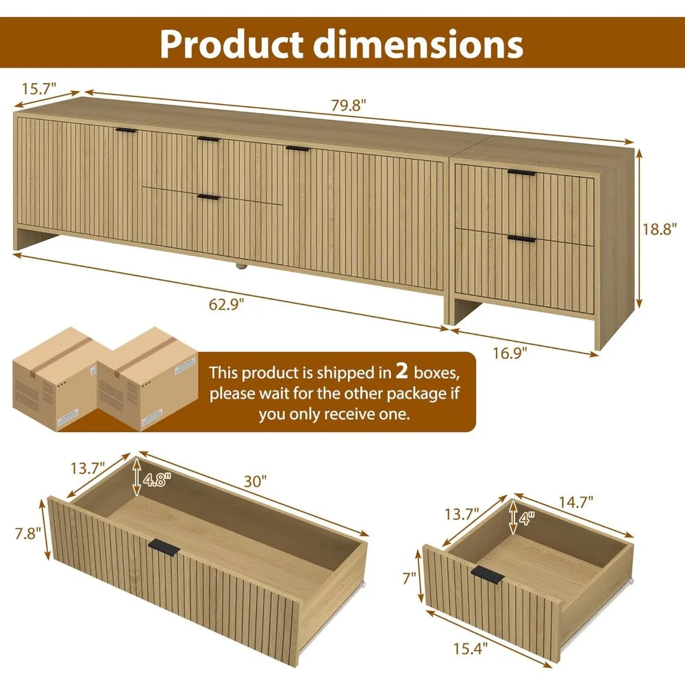 HUANZHUANG Fluted TV Stand With 4 Drawers And Shelves