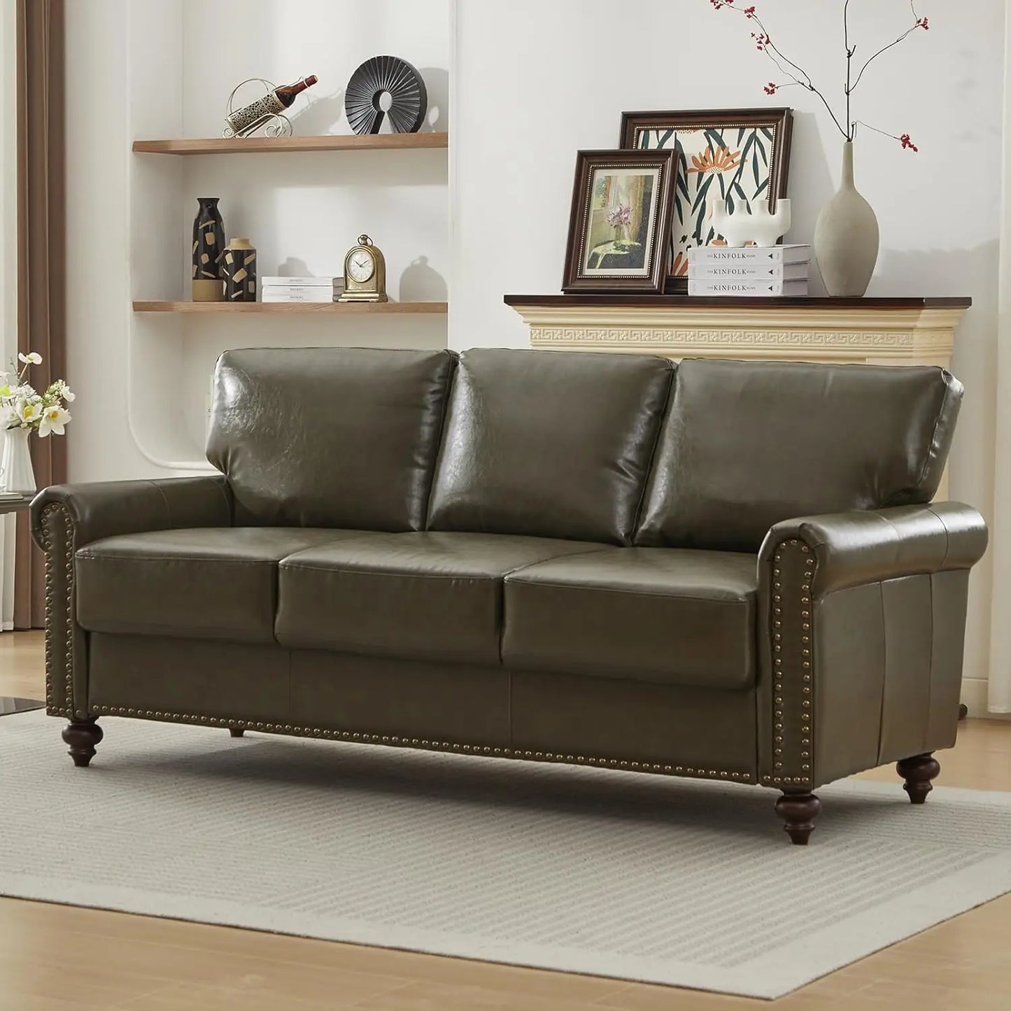 HUANZHUANG Faux Leather Sofa With Storage Mid Century