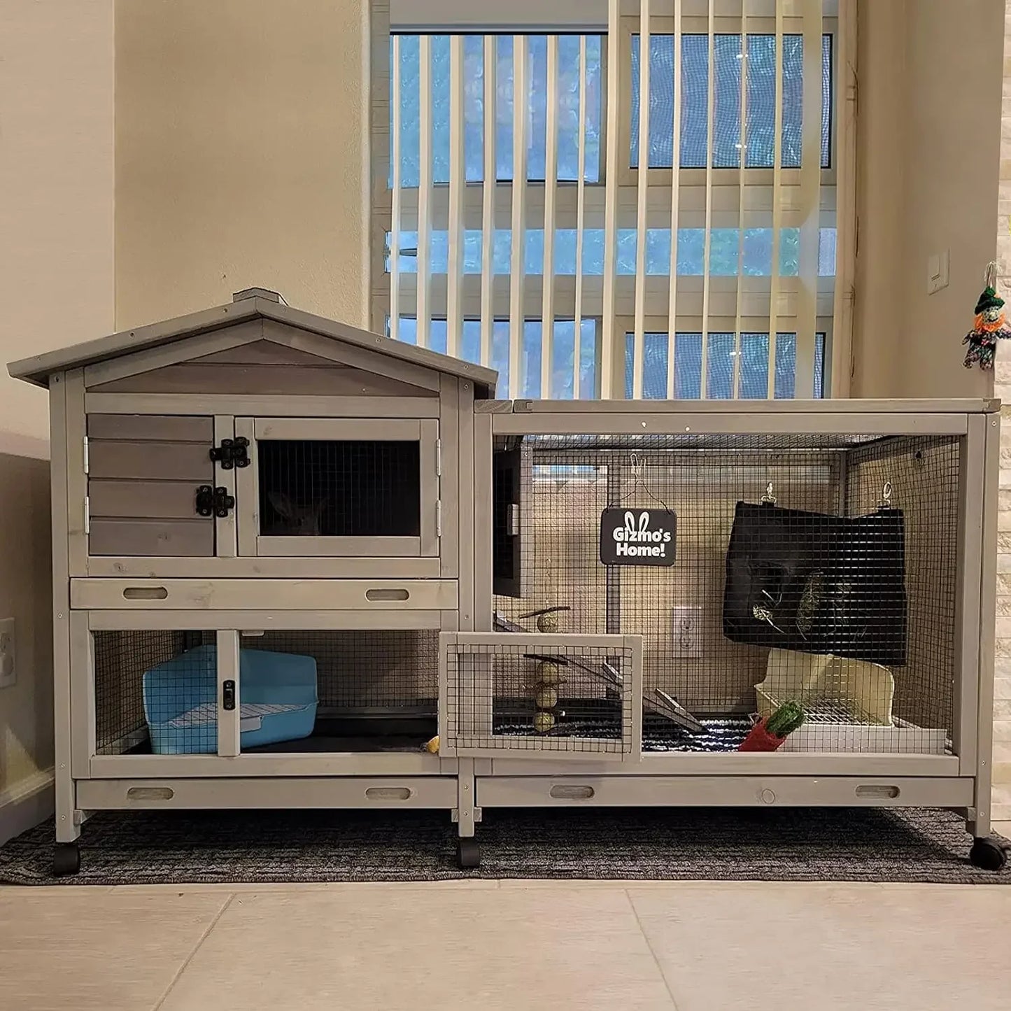 Bunny Cage Indoor and Outdoor Rabbit Hutch with Casters Waterproof Roof and Pull Out Tray