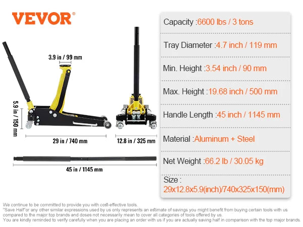 SucceBuy Car Jack 1.5-3T Floor Jack Aluminum&Steel Racing Jack W/ Single Pistons Quick Lift Pump Tire Change Lifting Repair Tool