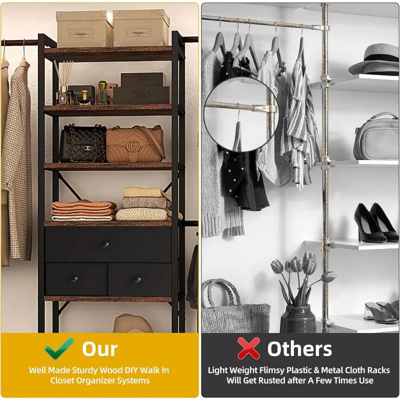Adjustable Closet System with Drawers Three Hanging Rods and Five Shelves Heavy Duty Storage Organizer for Home Bedroom and Closet