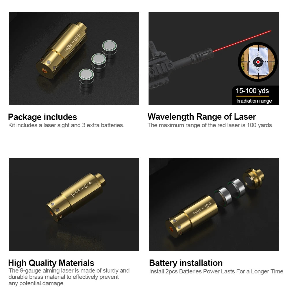 9MM Optics Cartridge Red Dot Laser Bore Brass 9MM Bore Boresighter For Pistol Rifle Scope Hunting Accessories 6 Batte