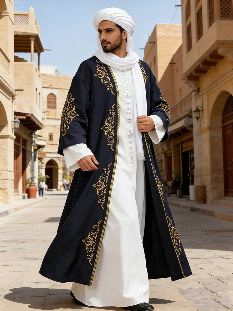 Abaowedding Men's Kaftan,Muslim arab THobe Caftan,Long Sleeve Embroidered Casual Formal Dubai Thobe