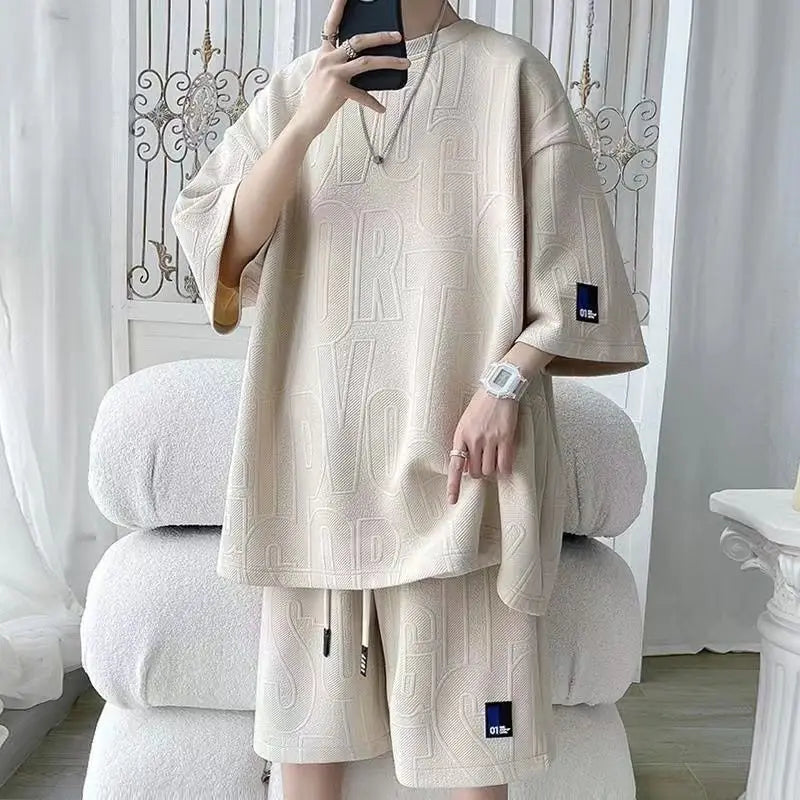 2025 3D Men's new Waffle TZ30 Summer Suit  Casual T-shirt + Shorts Suit Men's Tracksuit Solid color tracksuit loose suit