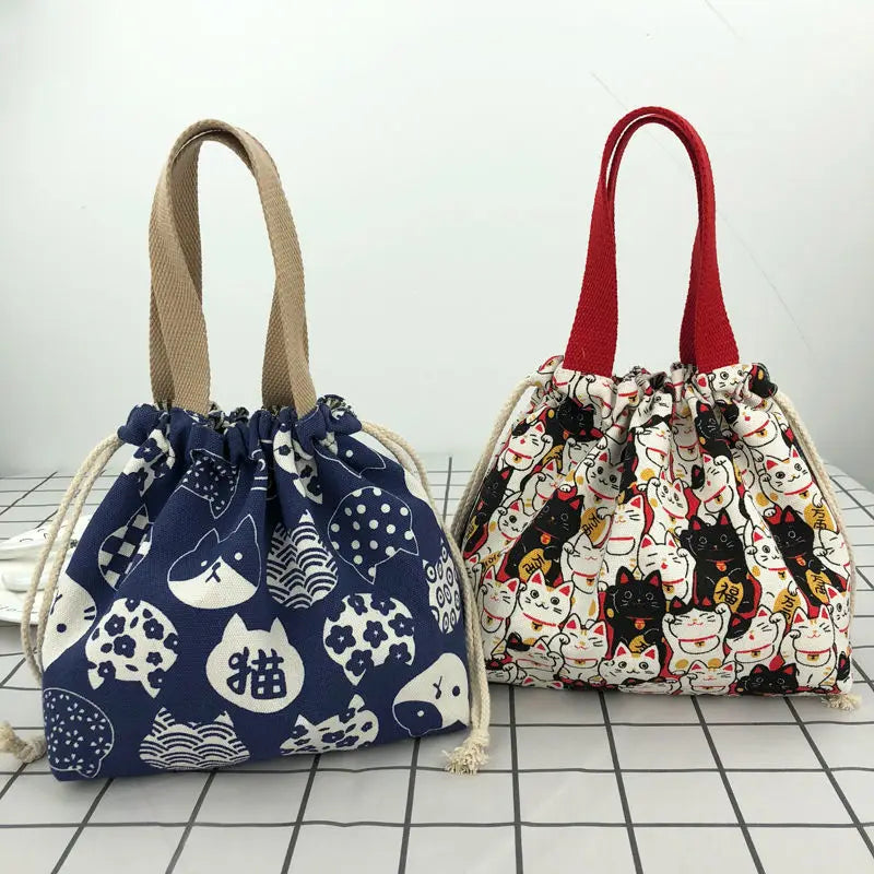 Japanese Cute Canvas Bento Bag Tote Cartoon Anime Drawstring Lunch Bag Foldable for Two Lunch Boxes