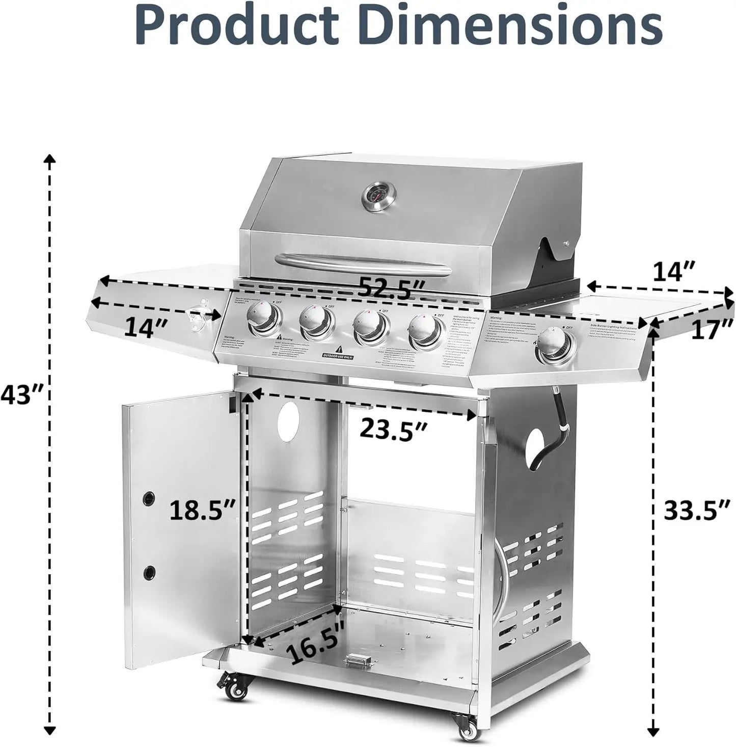 Propane Gas Grill 4 Burners with Side Burner Stainless Steel Grill Cart with Wheels for Outdoor Patio Garden Backyard Cooking