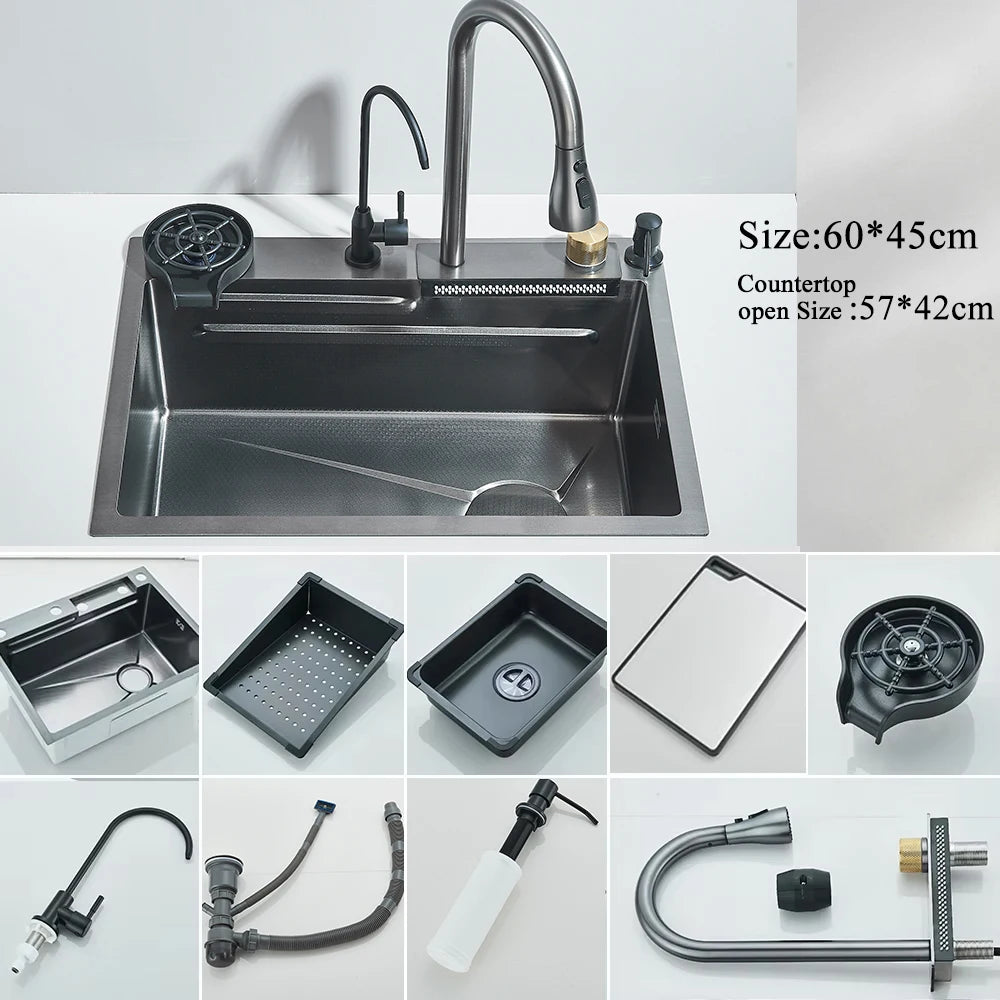 304 Stainless Steel Large Single Slot Waterfall Kitchen Sink with Integrated Digital Display Faucet Set and Soap Dispenser
