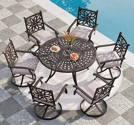 Cast Aluminum Patio Dining Set for 6 People 7 Piece Outdoor Furniture with 54 Inch Round Table and Umbrella Hole