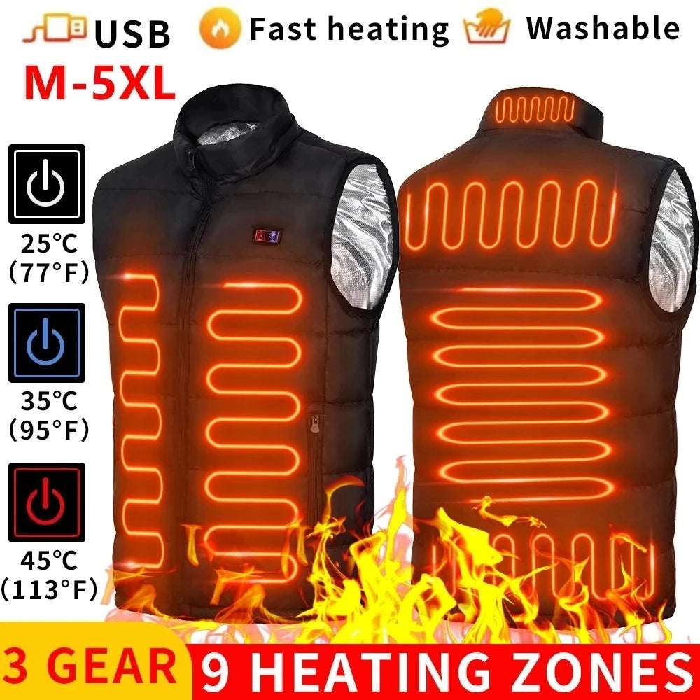 9 Heated Vest Zones Electric Heated Jacket for Men and Women USB Heating Coat for Camping and Sportswear
