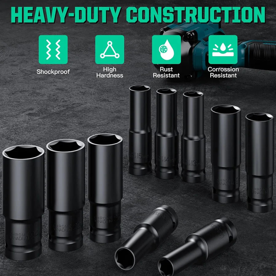 1/2 Inch Drive 6 Point Impact Socket Set 10 Piece Metric Sizes 8 To 24mm Carbon Steel Impact Sockets with Hard Storage Box