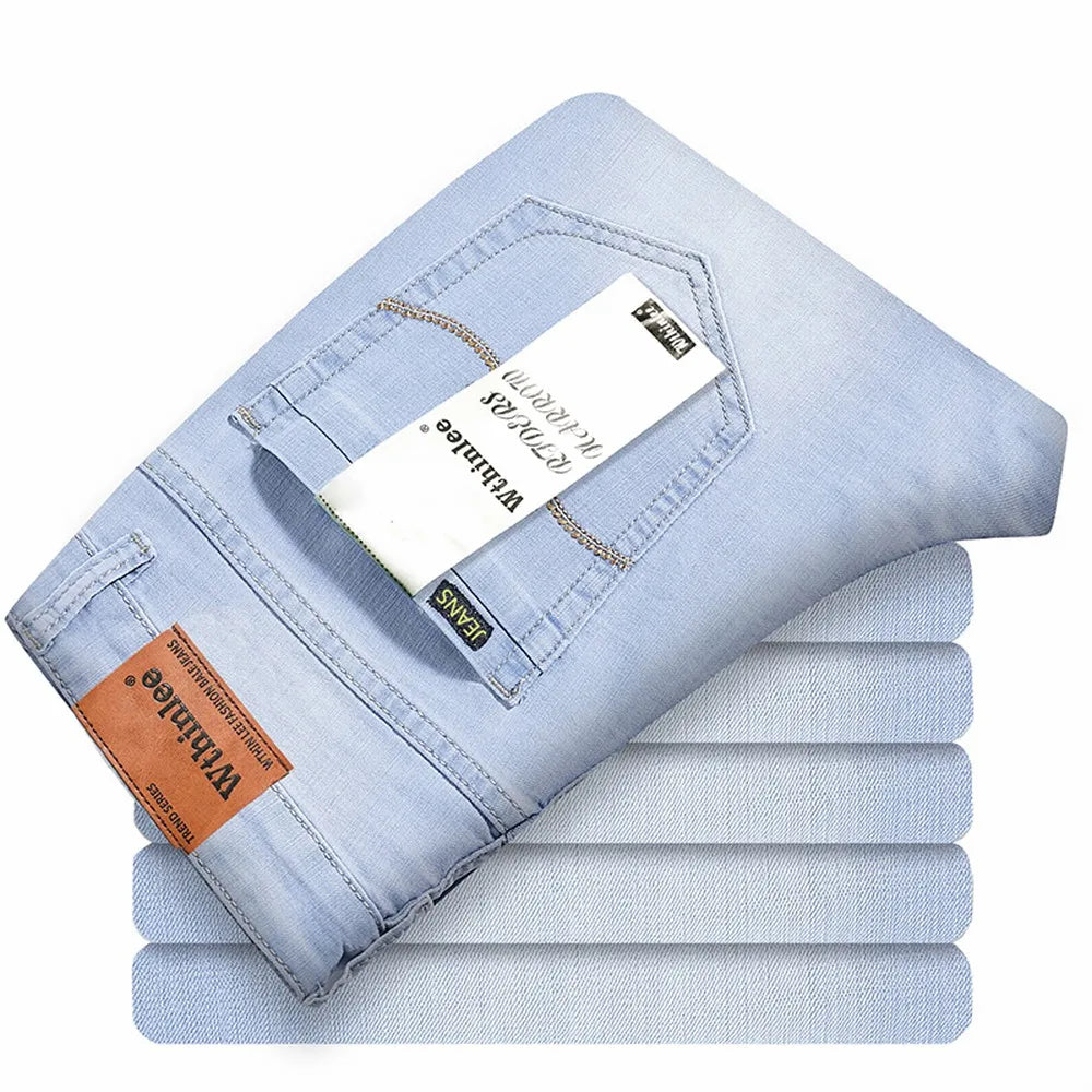 Wthinlee Spring Summer Business Jeans for Men Light Blue Casual Straight Stretch Fashion Classic Work Denim Trousers